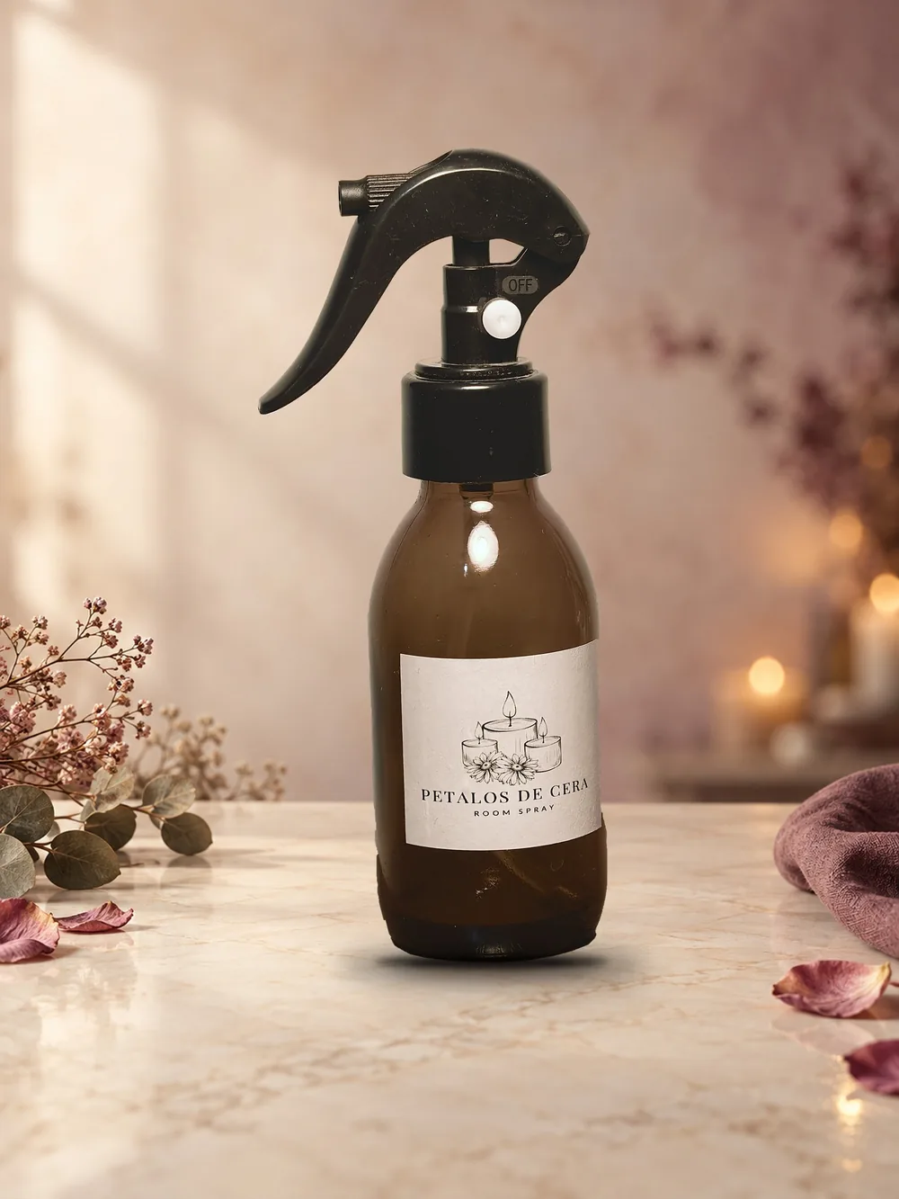 Room spray de Pétalos de Cera en frasco ámbar sobre mármol, con flores secas y velas encendidas al fondo