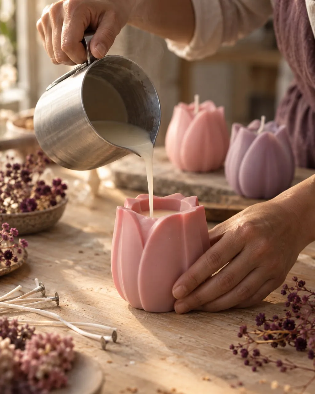 Manos vertiendo cera de soya derretida en un molde con forma de tulipán, junto a pabilos y flores secas
